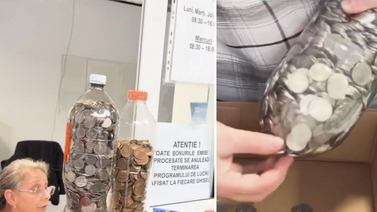 Un barbat din Craiova a venit sa isi plateasca impozitele cu 3 kg de monede aduse in sticle de plastic