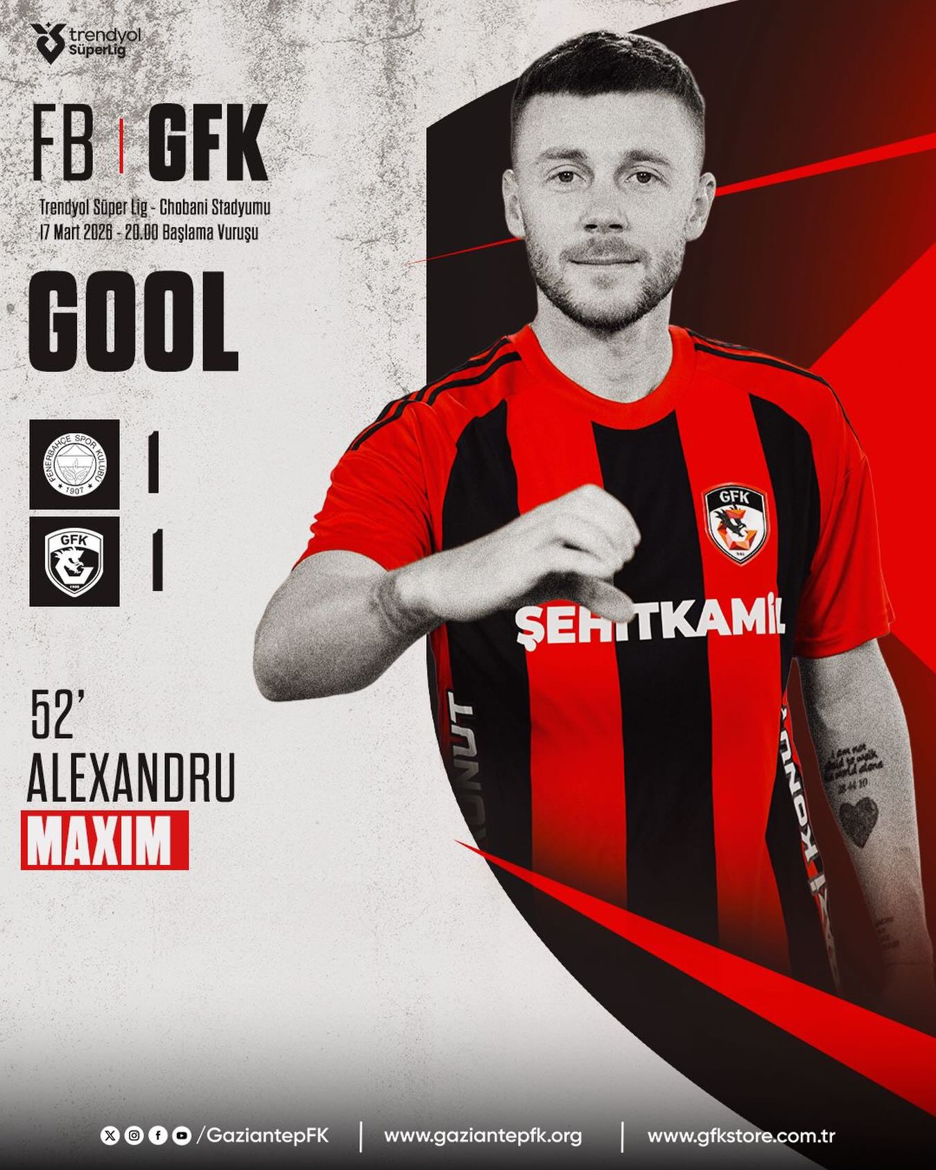Alexandru Maxim marcheaza mpotriva celor de la Fenerbahce dar Gaziantep pierde meciul din SuperLig