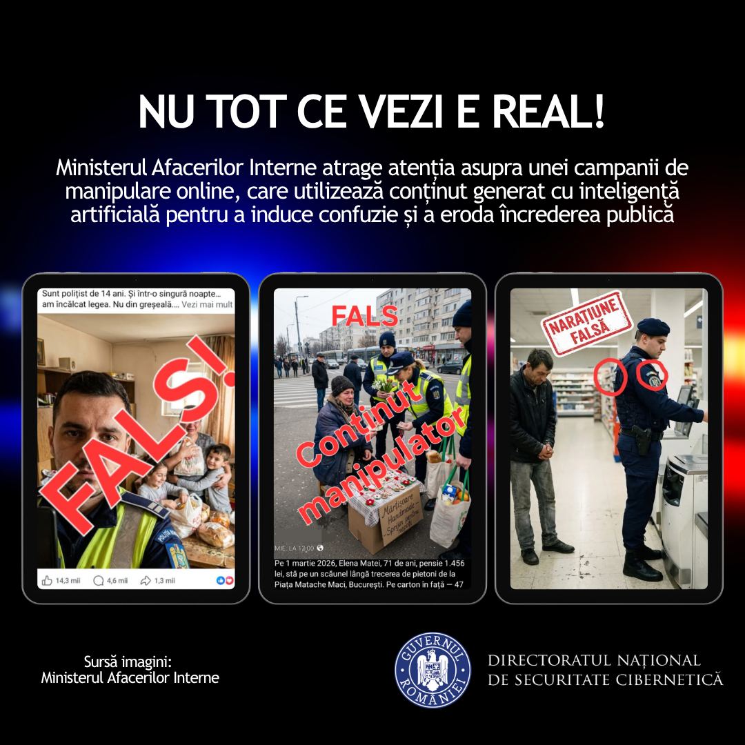 Campanie de influencare cu personaje AI prezentate ca poliisti sau jandarmi DNSC exploateaza emotiile