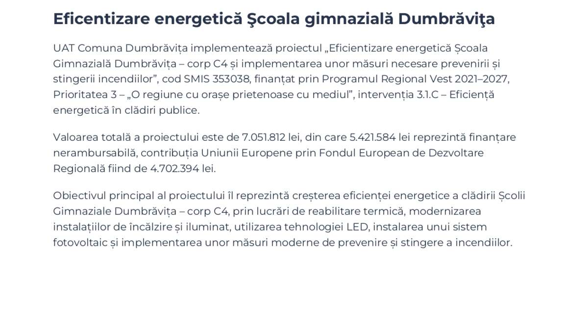 Optimizarea consumului de energie la Scoala Gimnaziala Dumbravita