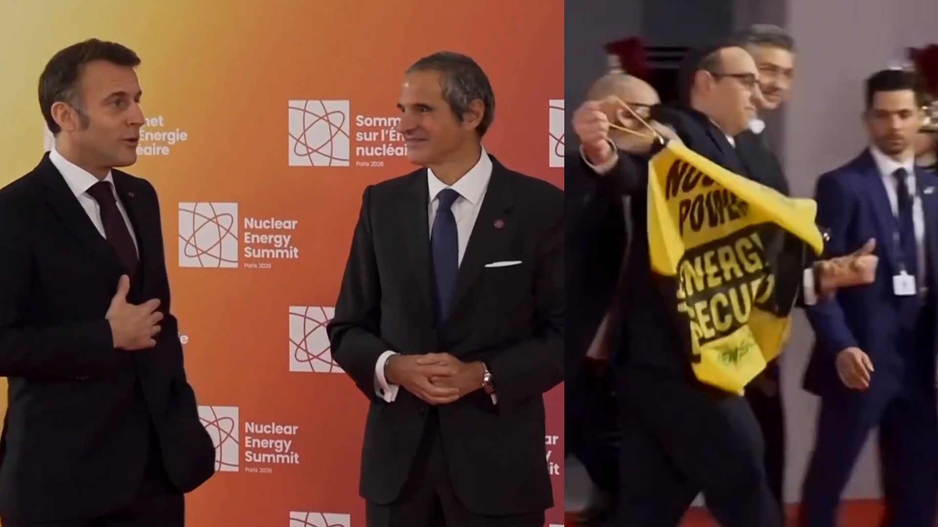 activistii greenpeace au intervenit pe scena summitului nuclear din franta avand o confruntare cu macron
