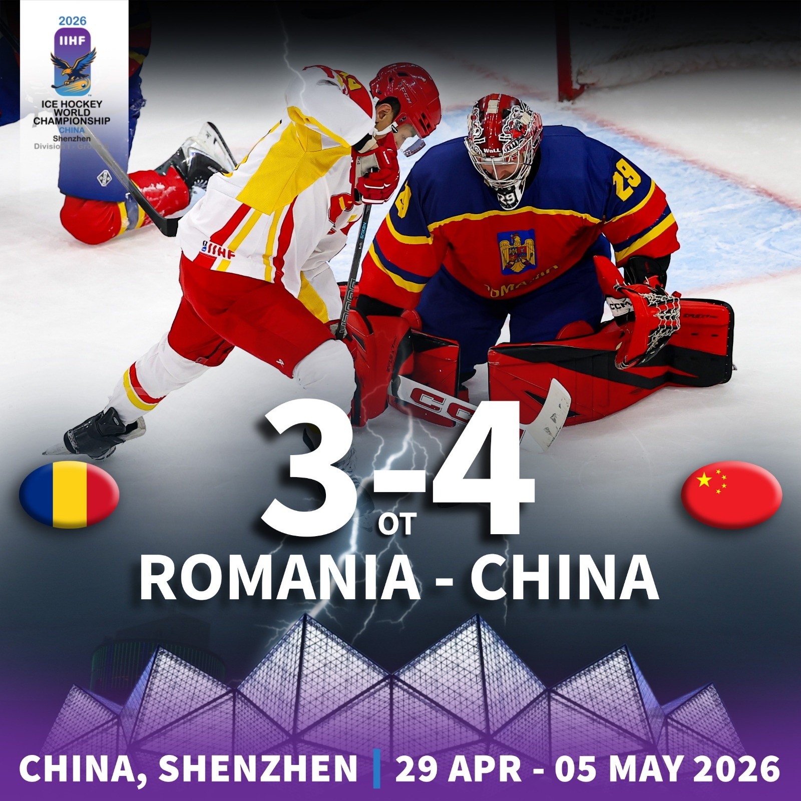 Romania sufera o infrangere dupa prelungiri in fata Chinei la Campionatul Mondial de hochei pe gheata I B