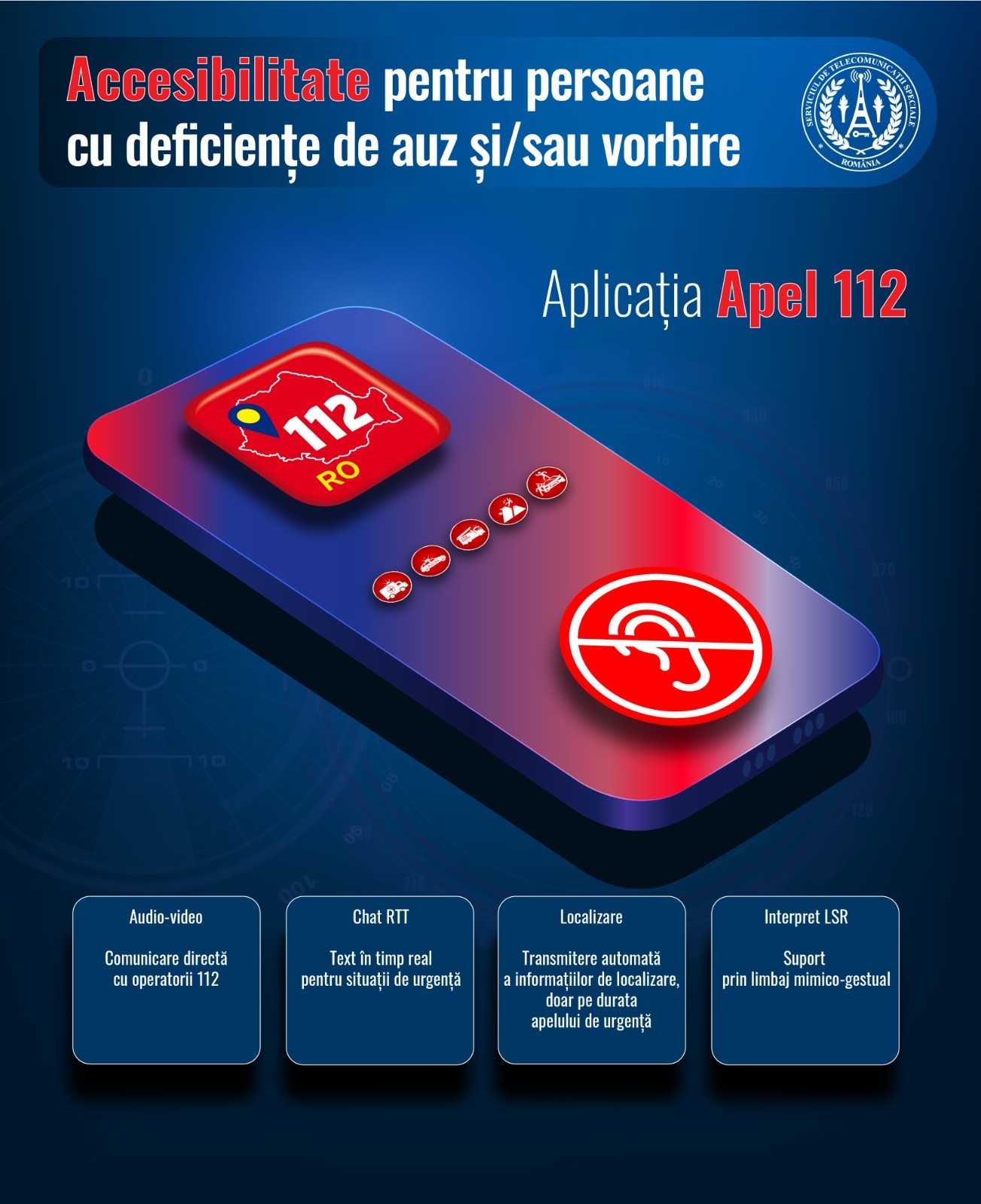Aplicația 112 pentru persoanele cu deficiențe de auz și vorbire este acum accesibilă la nivel național. 2 Aplicatia 112 pentru persoanele cu deficienta de auz si vorbire este acum accesibila la nivel national