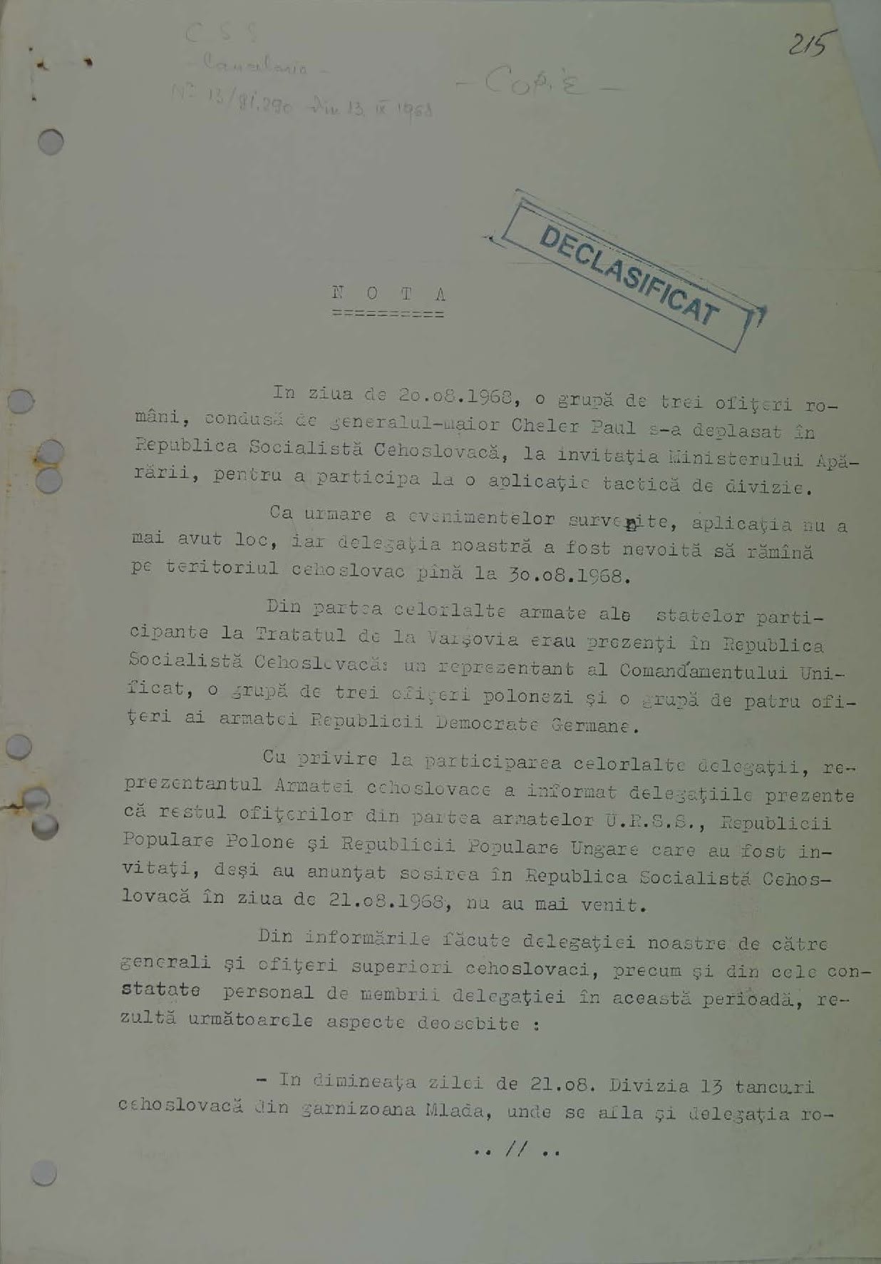 Document al Securitatii din 1968 publicat de CNSAS Cum a trait o delegatie militara romana invazia in Cehoslovacia